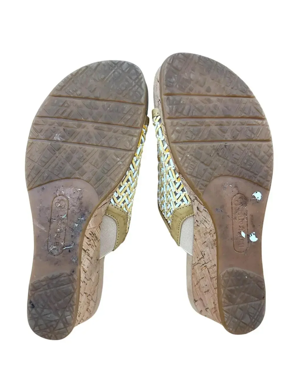 Baretraps Tan & White Woven Cork Wedge Slides